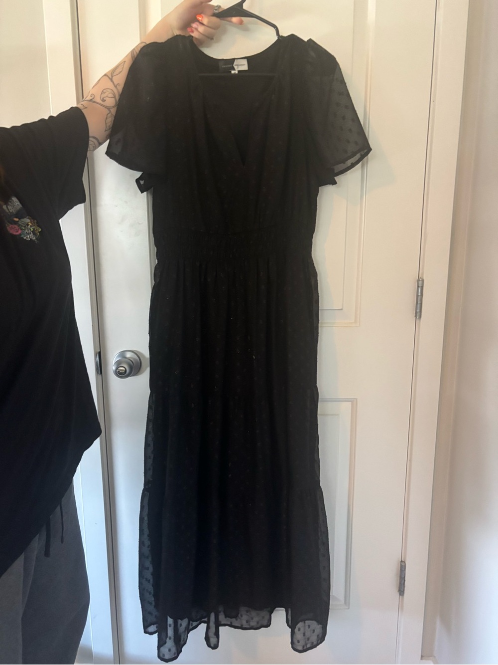 Smocked Waist Black Maxi Dress with Sheer Dot Sleeves